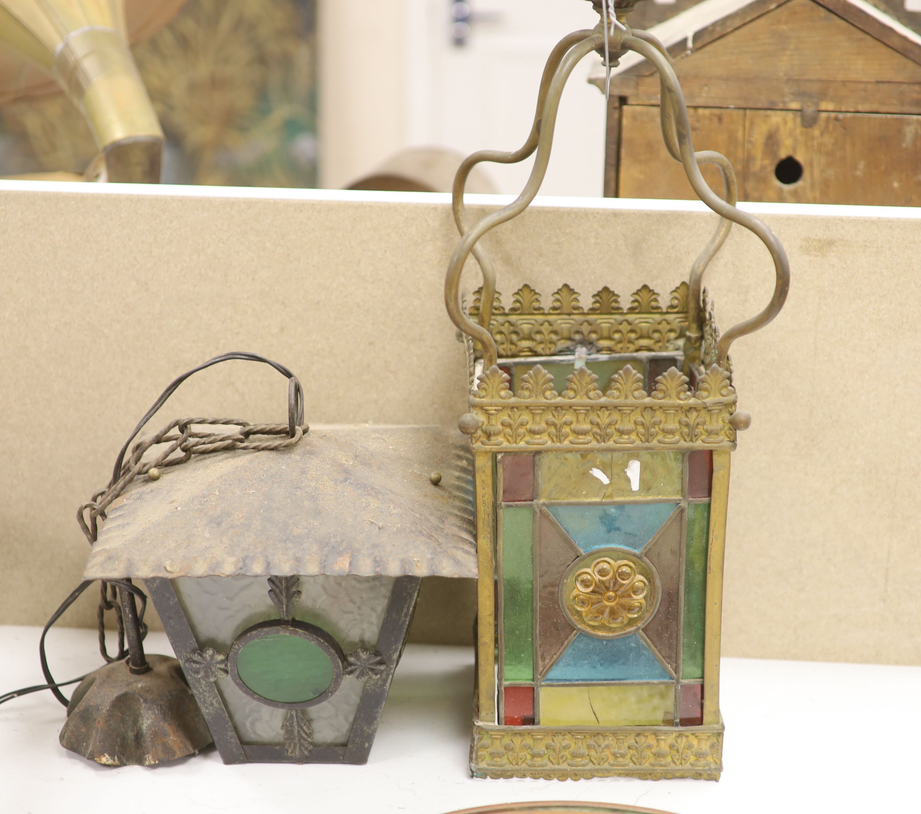 A hanging brass hall lantern and another, drop 50cm